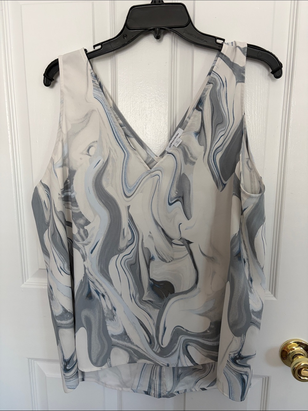 Women's Marble-Print Cold-Shoulder V-Neck Top - White, blue & Gray